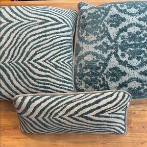 ARHAUS Set/3 Square & Mini Linen Throw Pillows Zebra Stripe Brocade Piping